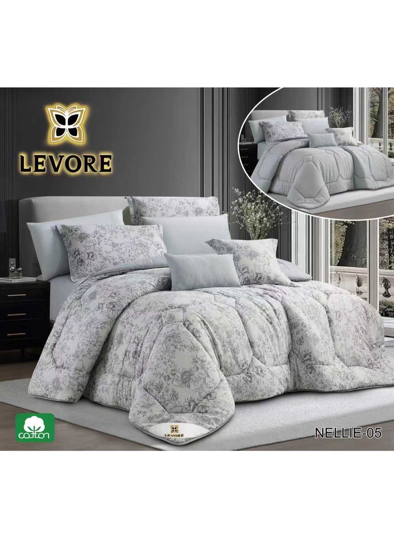 مفرش من ليفوري 8قطع قطن 100% ناعم مشجر وجهين صيفي بحشوة ومثبتة مناسب لسرير كينج NELLIE-05